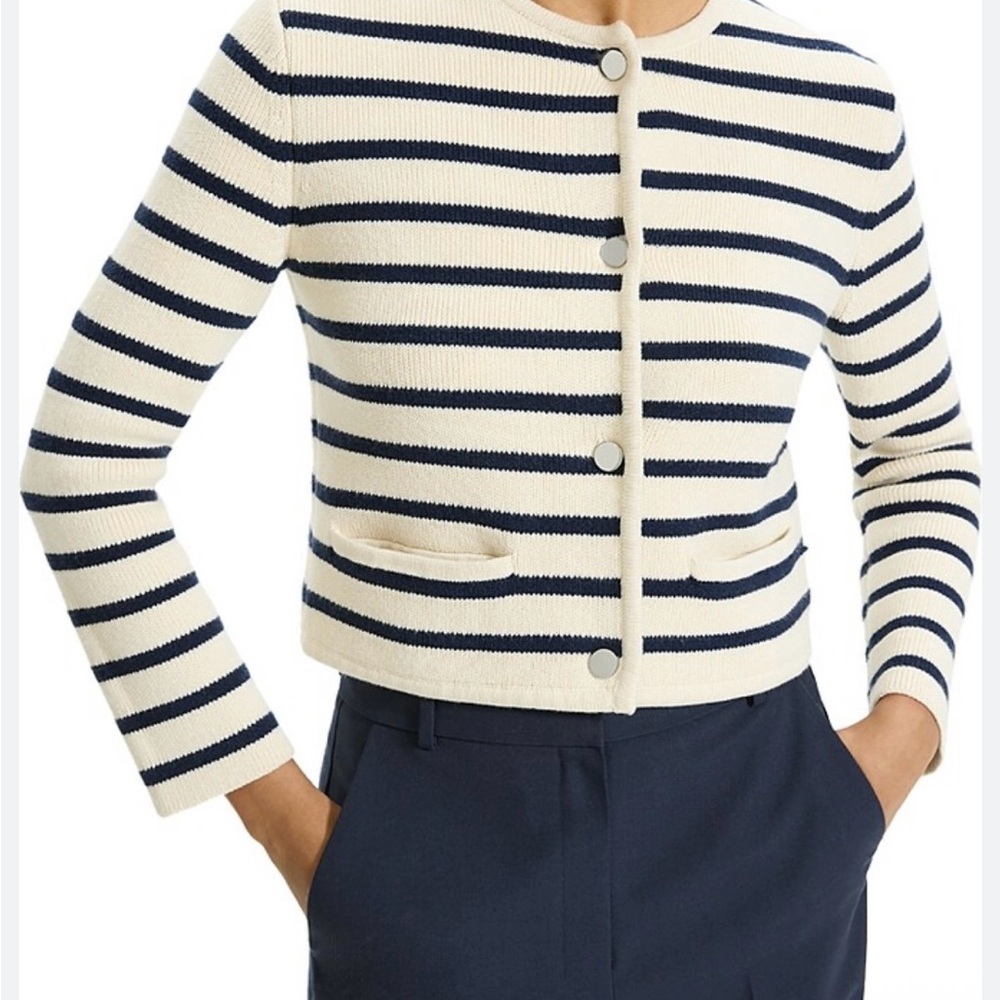 Theory Classic Cream and Blue Knit Cardigan - Picture 12 of 13